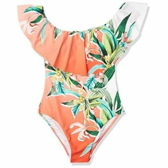Trina Turk Swimsuit Women 4 Costa de Prata Off Shoulder One Piece Ruffle Floral - Picture 5 of 6